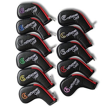 Craftsman Golf 11pcs Set 456789ASPLX Synthetic Leather Black with Red Edge Iron Head Cover Headcover Set for Callaway Ping Etc with Zipper