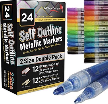 ArtShip Design 24 Self Outline Metallic Markers Paint Pen Double Pack of Both Extra Fine Tip and Medium Tip Double Line Markers Self Outline Paint Pens Journal Pens Scrap Booking Cards DIY Crafts