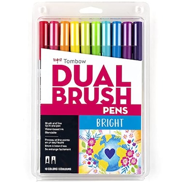 Tombow 56185 Dual Brush Pen Art Markers Bright 10Pack Blendable Brush and Fine Tip Markers