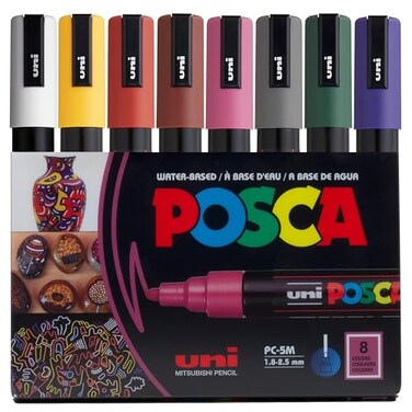 Posca Markers Set 8 Medium Paint Markers 5M Dark Tones White Ochre Ruby Red Cacao Brown Raspberry Deep Grey English Green Prussian Blue