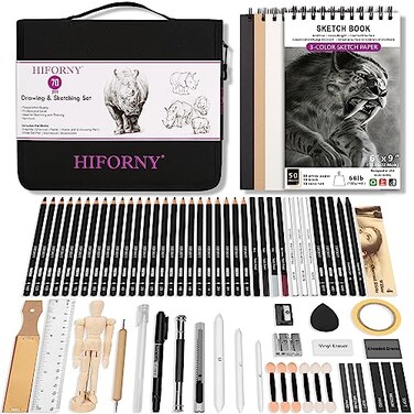 HIFORNY 70 PCS Drawing Set Sketching KitSketch Pencils Art Supplies with GraphiteCharcoalBlending Tools AccessoriesPortable Zippered Travel Case for Artists Beginners