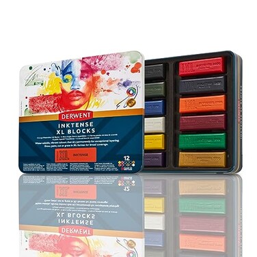 Derwent Inktense XL Blocks 12 Tin Set of 12 60mm ExtraLarge Block Watersoluble Ideal for Sketching Drawing and Expressive Mark Making Professional Quality 2306162