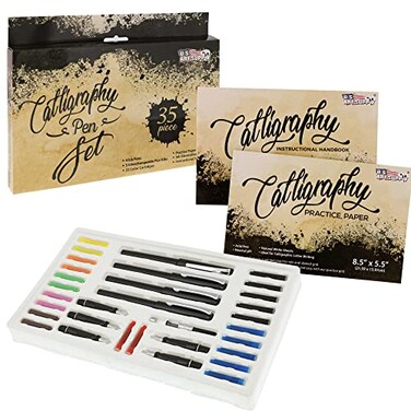 U.S. Art Supply US Art Supply 35Piece Calligraphy Pen Set 4 Pens 5 Nibs 22 Inks Includes Calligraphy Pens for Writing Beginners Handbook Practice Paper Pad