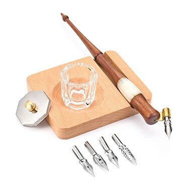 Yoption Wood Dip Pen Set Calligraphy Oblique Nib Holder With Desktop Pen Holder Ink Bottle Container and 5 Nibs Kit