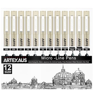 ARTEXAUS Micro Fineliner Drawing Art Pens 12 Assorted Sizes Waterproof Archival Ink Art Supplies for Adults Sketching Calligraphy Technical Illustrators
