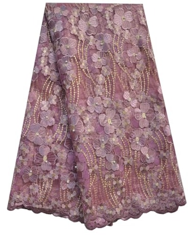 SanVera17 Manual Beading Glitter Stone African Lace Net Fabrics Nigerian Fabric Embroidered and Guipure Cord Lace for Party Wedding Light Purple 5 Yards