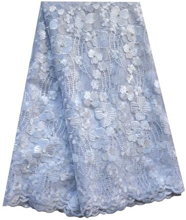 SanVera17 Manual Beading Glitter Stone African Lace Net Fabrics Nigerian Fabric Embroidered for Party Wedding Bluish White 5 Yards