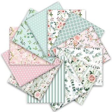 Whaline 12Pcs Spring Cotton Fabric Bundles 18 x 22 Inch Floral Greenery Printed Fat Quarters Pink Green Retro Quilting Patchwork Squares Sewing Fabrics for DIY Handmade Crafting Home Party Decor