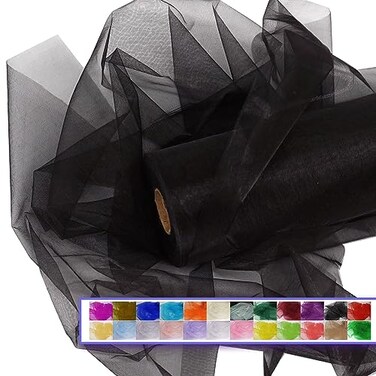 Ableme Deco Black Organza Tulle Fabric Rolls Crystal Organza 12 by 50 Yards 150 ft Sheer Nylon Silky Shiny Netting Spool Bolt for DIY Craft Table Runner Wedding Baby Shower Party Decor Black