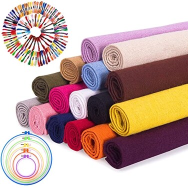 LOVOUS 16 PcsSet Linen Fabric for Embroidery Embroidery Linen Fabric Squares Cloth Embroidery Needlework 100 Skeins Embroidery Floss Cross 5 Pieces Embroidery Hoops 19 x 19 Inch