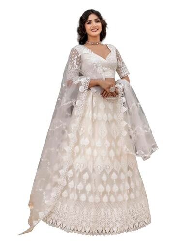 TRENDMALLS Womens Net Embroidery Sequence Work Lehenga Choli Unstitch Blouse with Dupatta L248WhiteFree Size