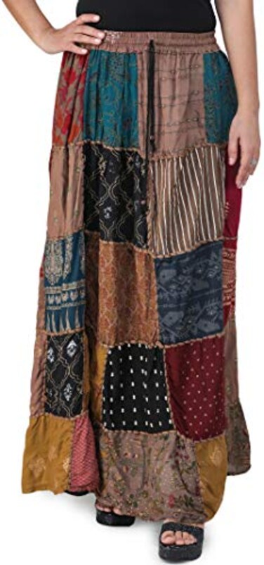 Exotic India Long Printed Dori Skirt from Gujarat with Patch Work Color Coca Mocha