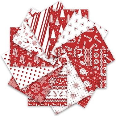 Whaline 12Pcs Christmas Cotton Fabric Bundles White Red Xmas Tree Snowflake Reindeer Printed Fat Quarters Holiday Sewing Fabrics for DIY Handmade Crafting 18 x 22 Inch