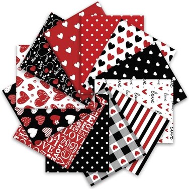 Whaline 12Pcs Valentines Day Cotton Fabric Bundles Red Black Love Heart Fat Quarter Romantic Quilting Patchwork for DIY Handmade Sewing Crafting 18 x 22 Inch
