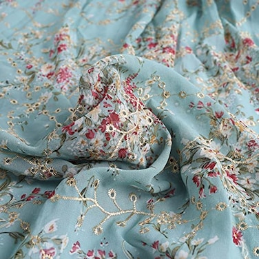 AnnyCraft Embroidered Eyelets Chiffon Fabric Drape Floral Printing for Dresses Making 60 inch Wide Grayish Green PreCut 2 Yards