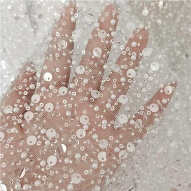Nianlune 51 Wide Exquisite Heavily Pearl Soft Tulle Mesh Wedding Lace Fabric Embroidered French Sequined Bead Lace Fabrics for Handmade DIY Wedding Evening Dress Bridal Veil White 3 Yard pre Cut