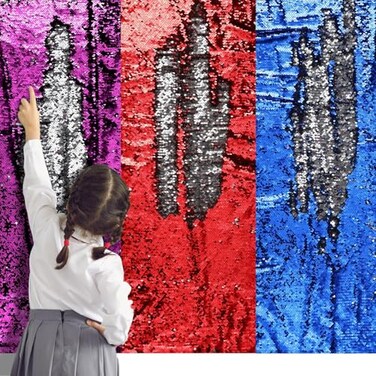 Irenare 3 Pcs Sensory Wall Sequin Flip Fabric for Kids 40 x 13 Inch Sensory Graffiti Reversible Sequin Fabric with 36 Pcs Hook and Loop Strips with AdhesiveRed Rose Pink Dark Blue3