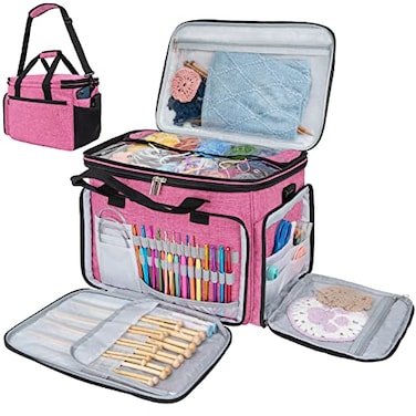 PAVILIA Knitting Bag Yarn Storage Tote Large Crochet Organizer Holder for Knitter Projects Accessories Set Gifts for Crochet Lovers Heather Pink