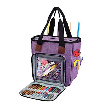 KOKNIT Yarn Storage Containers Durable Portable Travel Craft Tote Bag with Inner Divider for Yarn and Unfinished Project Outside Pockets for Knitting Tools Wonderful Yarn Bag for Beginners