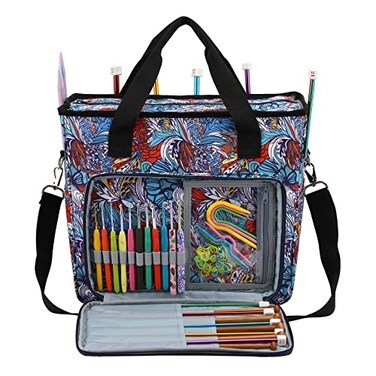 LOOEN Yarn Knitting Storage ToteLarge Capacity Crochet Organizer Portable Travel Bag with Shoulder Strap Crochet Hooks Case for Unfinished Bulk Project