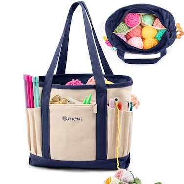 MYBAGZING Canvas Yarn Storage Organizer Bag Washable Crochet Bag with Pockets for Yarn Hooks Needles Travel Knitting Tote for Crafters Gift for Crocheters Knitters MediumLarge
