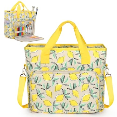 Aeelike Yarn Storage Organizer Travel Crochet Bag Large Capacity Tote Bag Knitting Bag for Carrying Projects Knitting Needles Crochet Hooks and Yarn Fruit Yellow Lemon
