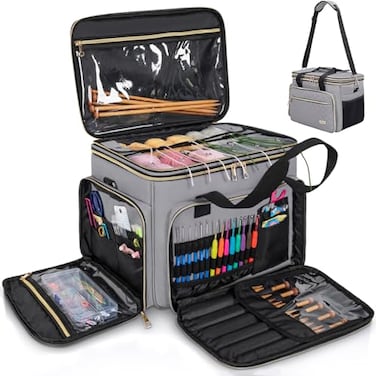 FREEAMG Knitting Bag Yarn Storage Tote Large Crochet Organizer Bag Yarn Holder Case for Knitting Needles Knitting Project Bag with Inner Divider for Crochet Hooks Knitting Accessories Grey