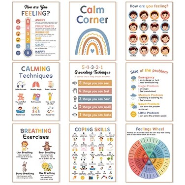 Distasio 9 Calming Corner PostersCalm Down Corner Feelings Chart for Kids Mental Health PostersClassroom Educational Poster Emotions Chart Coping SkillsPreschool Classroom Wall Art Decorations Mood Ca