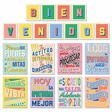 SweetzerOrange Sweetzer Orange Set of 8 Motivational Posters in Spanish BIENVENIDOS Letters for Teachers Students Language Charts That Inspire Laminated Growth Mindset Banners for Classroom 11x14