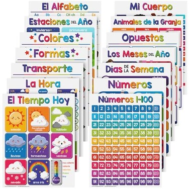 FoldCard Spanish Educational Posters for Kids Bundle of 14 Bilingual Classroom and Homeschool Learning Chart Decorations and School Materials Preschool to Grade 3 Durable Glossy Cardstock 85 x 11