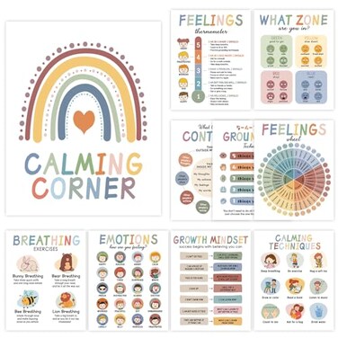 Nigifter 10 Calming Corner Posters for Kids Boho Calm Down Corner Classroom Decorations Mental Health Poster for Toddlers Feeling Charts Poster Kids Educational Posters Classroom Teacher Must Haves fo