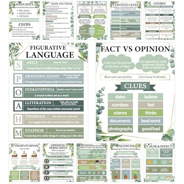 QOUBAI 12pcs Reading Comprehension Classroom Posters Eucalyptus English Language Arts Bulletin Board Chart Decor Reading Corner Poster for Elementary Middle High School Wall Decor Classroom Must Haves