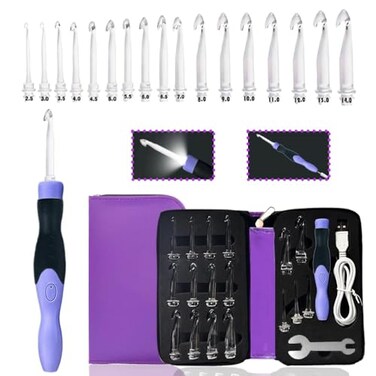 Yarniss 17 Sizes Lighted Crochet Hooks Set 25mm140mm Rechargeable Crochet Hook with Interchangeable Crochet Head