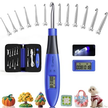 Zcvtbye 12 Size Counting Crochet Hook for Beginners Lighted Led Digital Row Stitch Counter with Ergonomic Soft Handle Interchangeable Metal Hook Heads USB Rechargeable for Dark Yarn