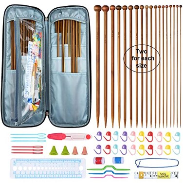 Mdoker Bamboo Knitting Needle Set with Case 36pcs Straight Single Pointed Kniting Needles 135inch Length Sweater Needles for DIY Knitting Projects2mm10mm Knitting Set with Accessories