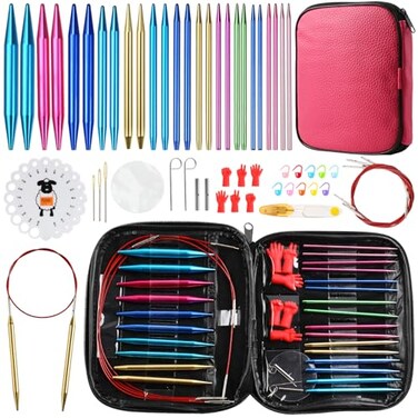 LOOEN 57 PCS Knitting Crochet Kit Aluminum Circular Knitting Needles Set 30mm100mm with 4 Flexible Cables Crochet Hooks Accessories Beginner Craft Starter Kit with Storage Case