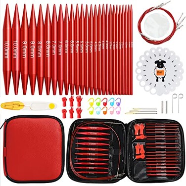 LOOEN 57 PCS Interchangeable Circular Knitting Needles Set Aluminum Knitting Needles 30mm100mm with 4 Cables Ergonomic Handles Storage Case Complete Knitting Kit for Beginners Advanced Projects
