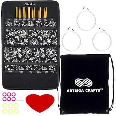ChiaoGoo Spin Bamboo 4Inch Small 2400S Interchangeable Circular Knitting Needle Set Sizes US 2 3 4 5 6 7 8 with 3 Cords 12 Stitch Markers 1 Gauge with Project Bag