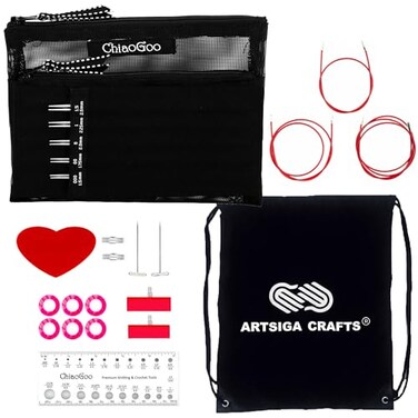 ChiaoGoo Twist Red Lace 5Inch Mini 7500M Interchangeable Circular Needle Set Sizes US 000 00 0 1 15 with 3 Cords Connectors Stitch Markers Stoppers with Project Bag