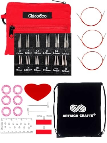 ChiaoGoo Twist Red Lace Shorties 2 3Inch Small Red 7230M Interchangeable Knitting Needle Set 12Pair Sizes US 0 1 15 2 25 3 Stainless Steel 3 Cords with 1 Project Bag