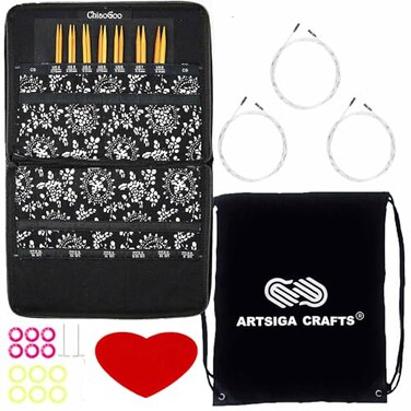 ChiaoGoo Spin Bamboo 5Inch Small 2500S Interchangeable Circular Knitting Needle Set Sizes US 2 3 4 5 6 7 8 with 3 Cords Connectors Stitch Markers with Project Bag