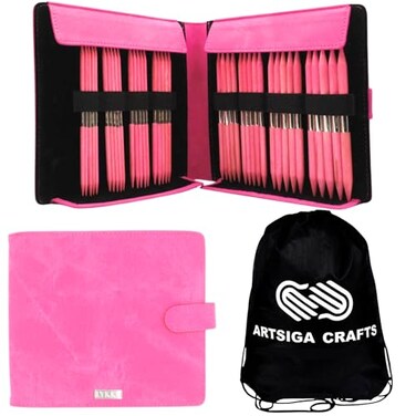 Lykke Blush 6 in Large Set US Sizes 6 7 8 9 10 105 11 13 DPN Double Point Knitting Needles for DK Worsted Chunky Super Chunky Yarn Birchwood with Fuchsia DM Case Project Bag