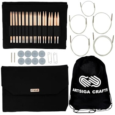 Lykke Cypra 5 in Complete Set US Sizes US 3 4 5 6 7 8 9 10 105 11 13 15 Interchangeable Circ Knitting Needles for DK Worsted Chunky Yarn Copper 5 Cords Black VS Case Project Bag