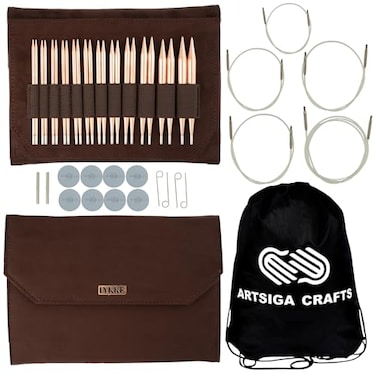 Lykke Cypra 5 in Complete Set US Sizes US 3 4 5 6 7 8 9 10 105 11 13 15 Interchangeable Circ Knitting Needles for DK Worsted Chunky Yarn Copper 5 Cords Brown VS Case Project Bag