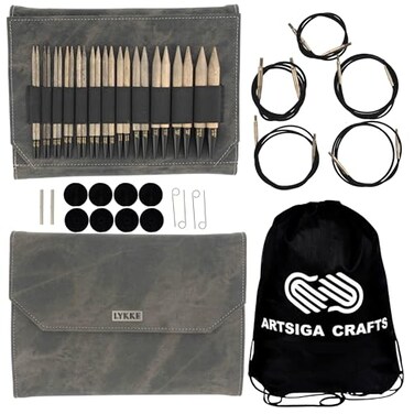 Lykke Driftwood 5 in Complete Set US 4 5 6 7 8 9 10 105 11 13 15 17 Interchangeable Circ Knitting Needles for DK Worsted Super Chunky Yarn Birch 5 Cords Grey DM Case Project Bag