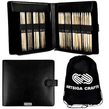 Lykke Driftwood 6 in Large Set US Sizes 6 7 8 9 10 105 11 13 DPN Double Point Knitting Needles for DK Worsted Chunky Super Chunky Yarn Birchwood with Black PU Case Project Bag