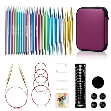 Ruidi Interchangeable Aluminum Circular Knitting Needles Set 13 Pairs of 4 Inch 10cm Needles with 4 Cables Needle Holders Leather Bag Perfect for Smooth Knitting Versatile Projects