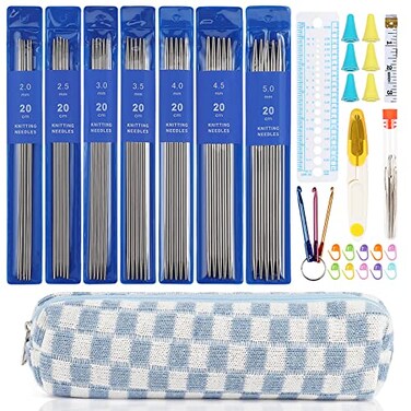 Aeelike 35pcs Short Knitting Needles Set Metal Double Pointed Knitting Needles Stainless Steel Knitting Needles Double Ended with Case and LargeEye Needles Stitch Markers Scissors Knitting Supplies