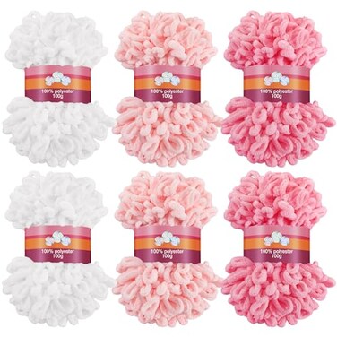 Threlaco 6 Pack Loops Yarn Bulk for Finger Knitting Soft Chunky Yarn 600 G 6 Skeins for Beginners DIY Hand Knitting No Needles or Hooks White Pink Carmine
