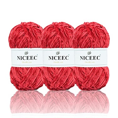 NICEEC 3 Skeins Soft Chenille Yarn Blanket Yarn for Knitting Fancy Yarn for Crochet Weaving DIY Craft Total Length 385m 393yds 350gRed